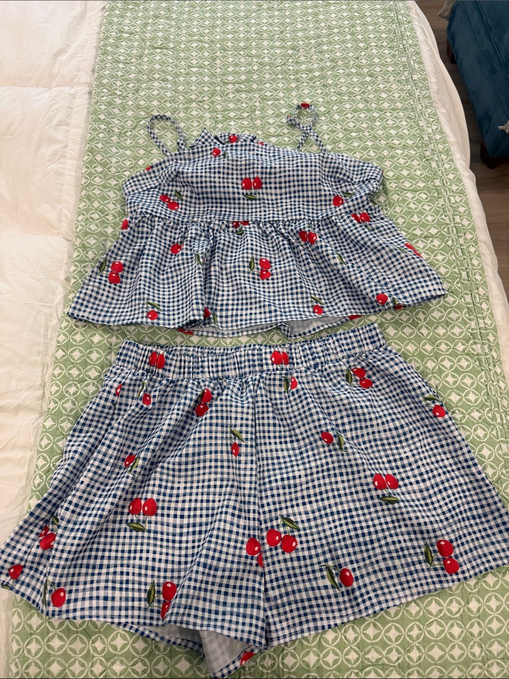 Amazon Blue Gingham Cherry-Print Set